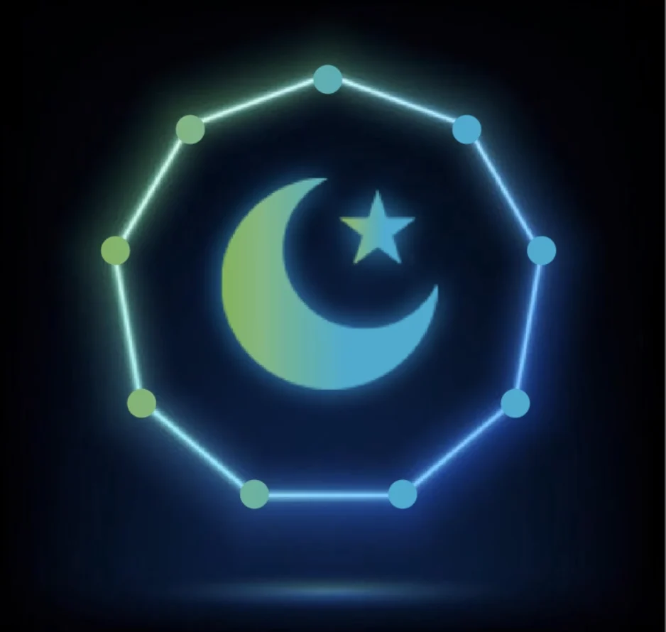 A crescent and star inside a ring of connected points, glowing green to blue